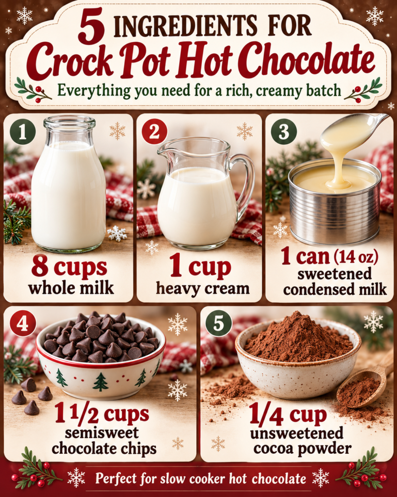 Whole milk, heavy cream, condensed milk, chocolate chips, and cocoa powder with quantities