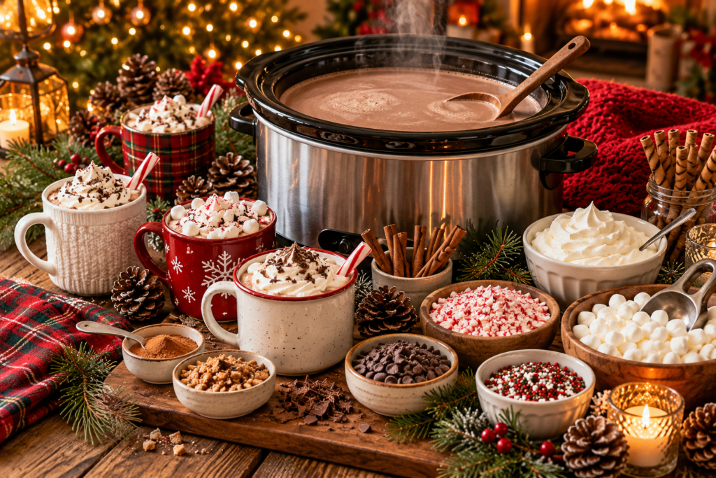 Slow cooker surrounded by mugs, marshmallows, whipped cream, and holiday toppings