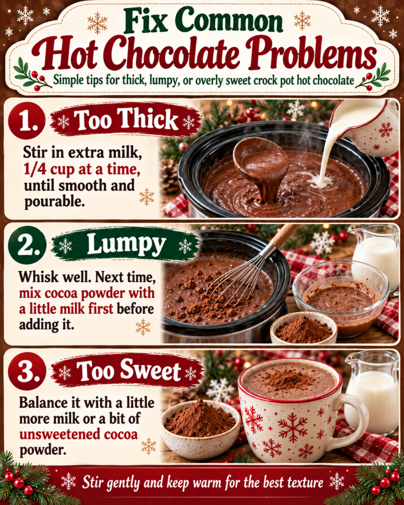 Visual tips for fixing thick, lumpy, or overly sweet hot chocolate