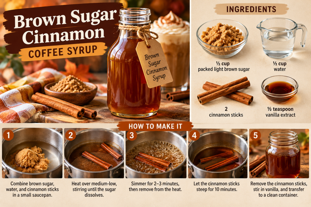 Homemade brown sugar cinnamon coffee syrup recipe with ingredient quantities and five step-by-step preparation photos.