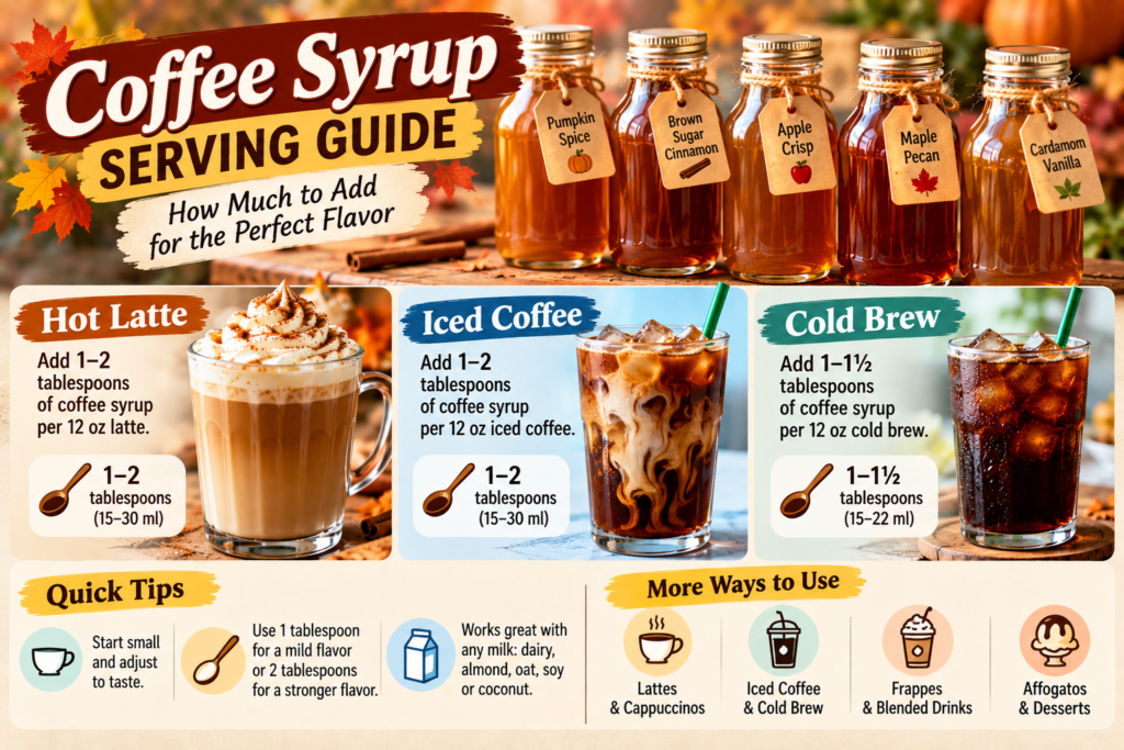 Coffee syrup serving guide showing recommended homemade syrup quantities for hot lattes, iced coffee, and cold brew.