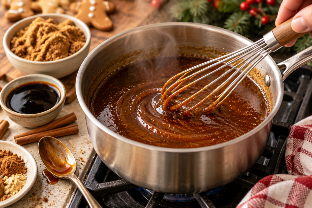 Gingerbread coffee syrup simmering in a saucepan with brown sugar, molasses, and spices.