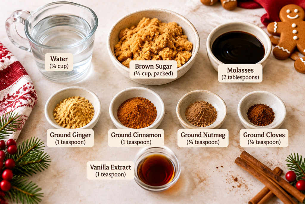 Ingredients for homemade gingerbread coffee syrup, including brown sugar, molasses, ginger, cinnamon, and nutmeg.