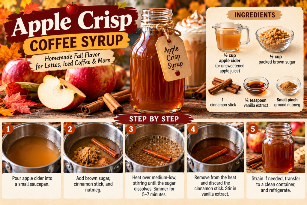 Homemade apple crisp coffee syrup with apple cider, brown sugar, cinnamon, nutmeg, vanilla, and step-by-step preparation instructions.