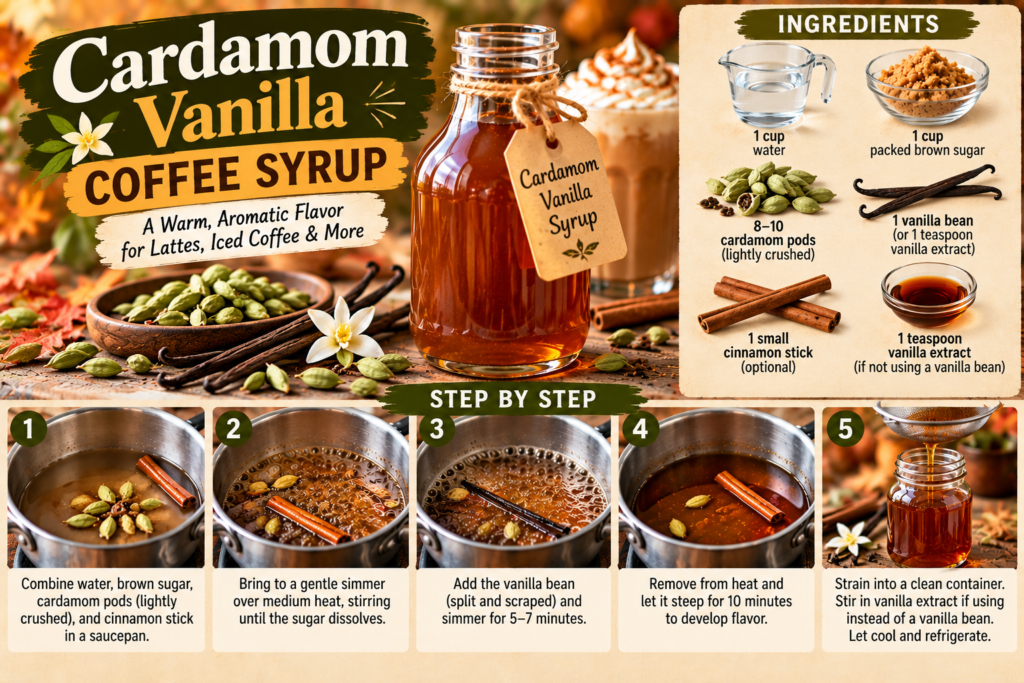 Homemade cardamom vanilla coffee syrup with green cardamom pods, vanilla, finished syrup, and step-by-step preparation photos.