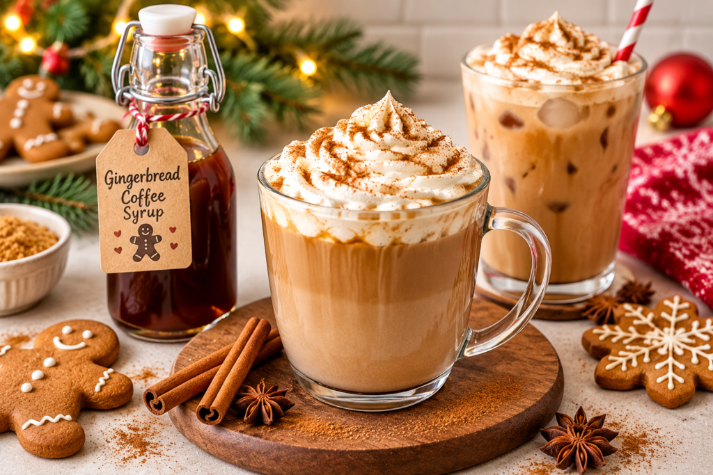 Homemade gingerbread latte topped with whipped cream and cinnamon, served with gingerbread coffee syrup.