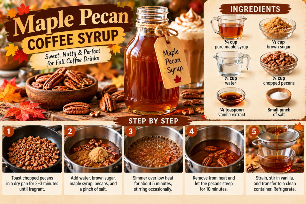 Homemade maple pecan coffee syrup with pure maple syrup, toasted pecans, brown sugar, vanilla, and step-by-step preparation instructions.