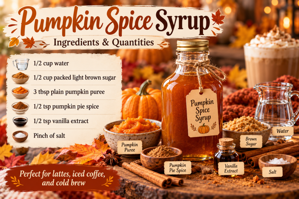 Homemade pumpkin spice coffee syrup with pumpkin purée, brown sugar, cinnamon spices, vanilla extract, water, and ingredient quantities.
