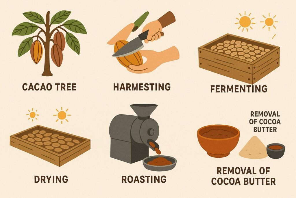 From cacao tree to cocoa powder processing 