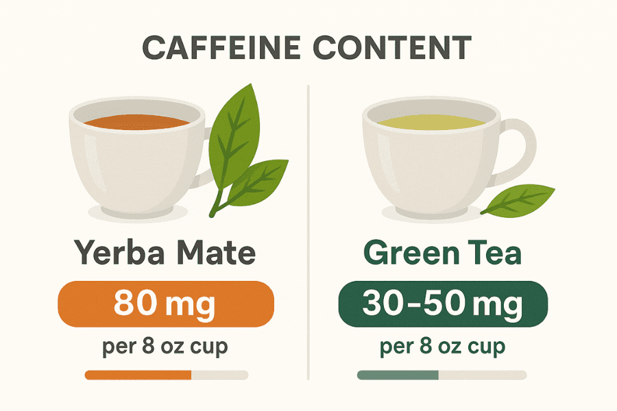 Caffeine content comparison infographic between yerba mate and green tea