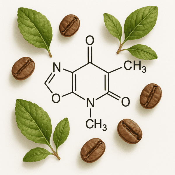 Caffeine content comparison infographic showing molecular structure