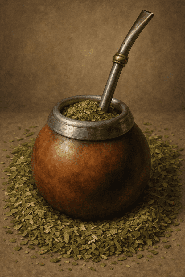 Traditional yerba mate preparation showing gourd, bombilla and loose leaves