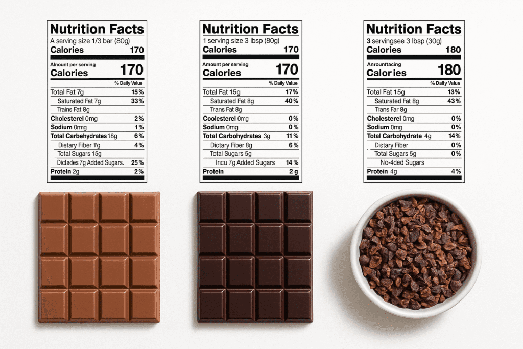 Visual comparison of milk chocolate, dark chocolate, and raw cacao for weight loss