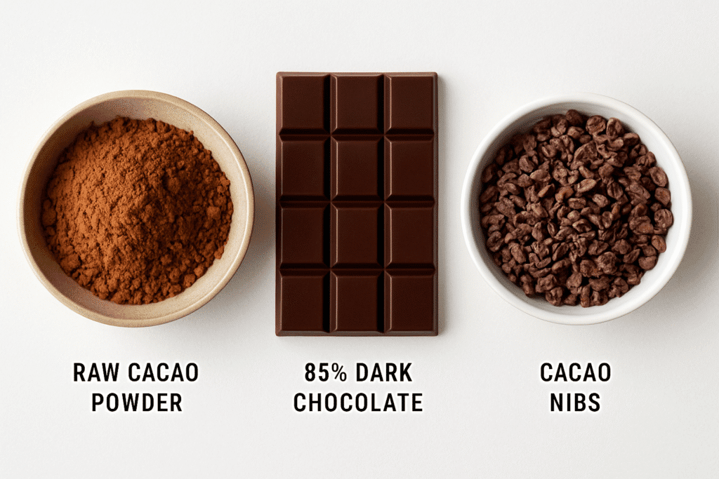 Raw cacao, cocoa powder, or dark chocolate comparison