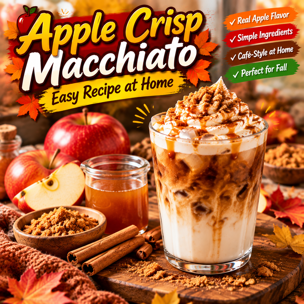 Homemade apple crisp macchiato topped with whipped cream, cinnamon, and caramel drizzle.
