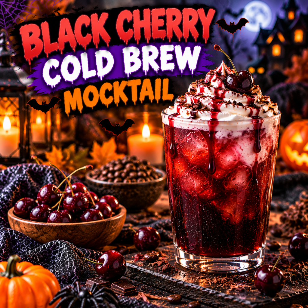 Black cherry cold brew mocktail with ice, cherry syrup, and a festive Halloween topping.
