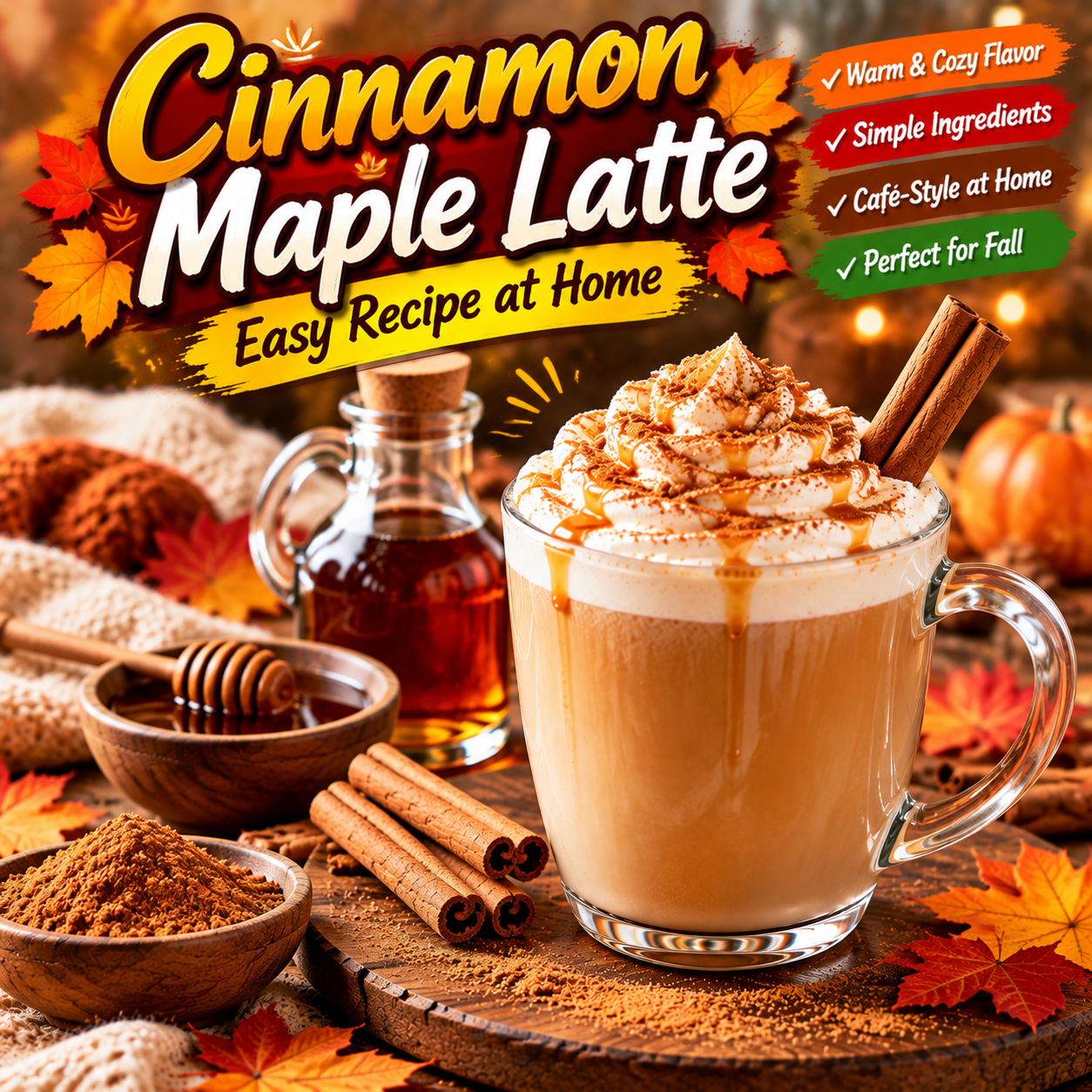 Homemade cinnamon maple latte topped with whipped cream, cinnamon, and maple syrup.
