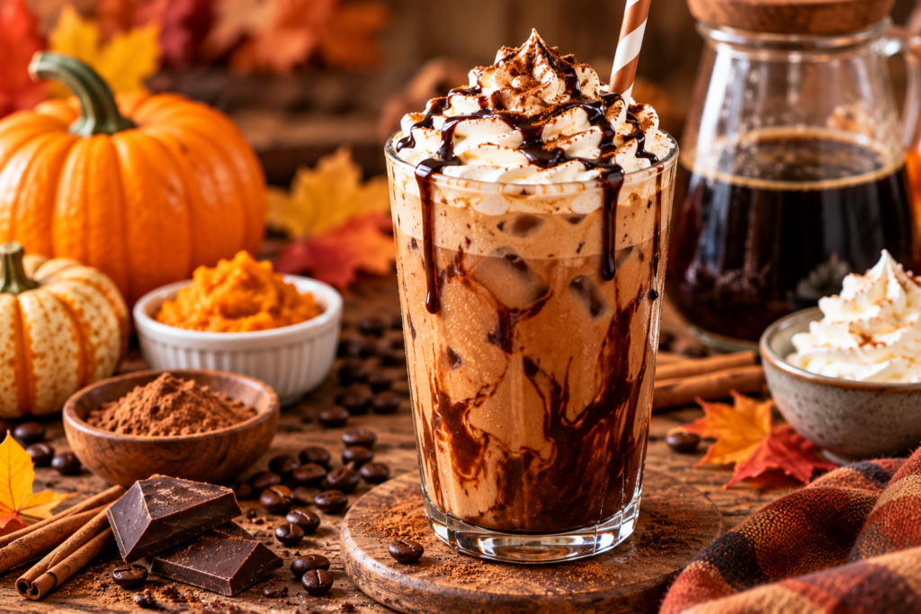Iced pumpkin mocha coffee topped with whipped cream, chocolate drizzle, and cinnamon in a tall glass.