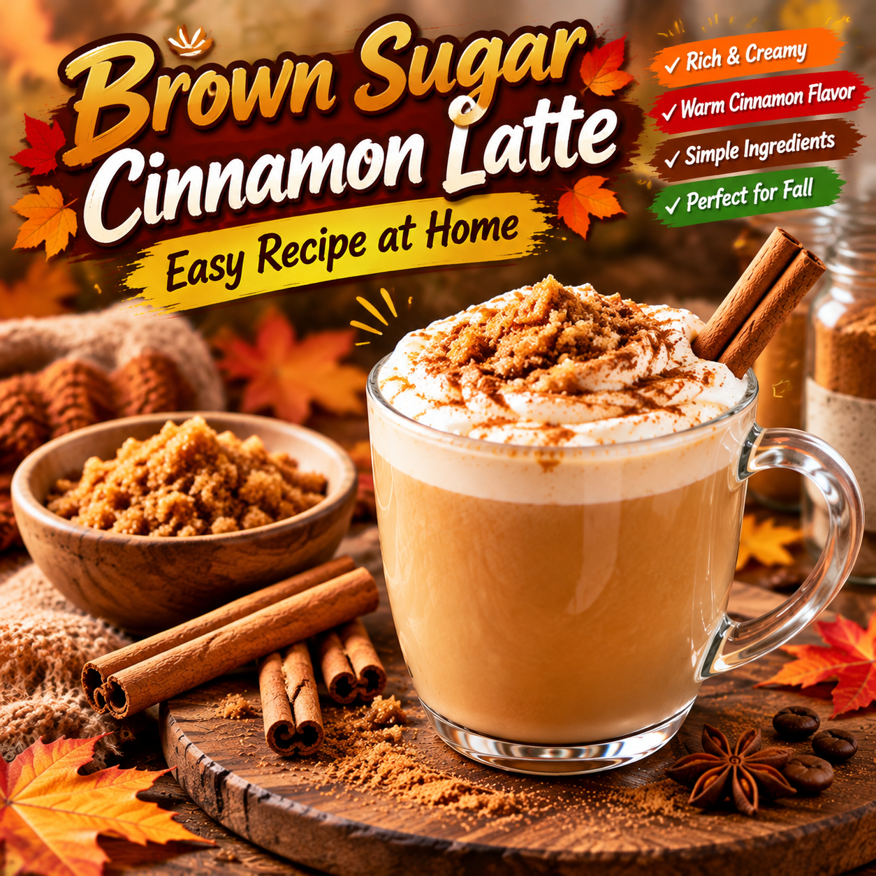Homemade brown sugar cinnamon latte topped with whipped cream and cinnamon.
