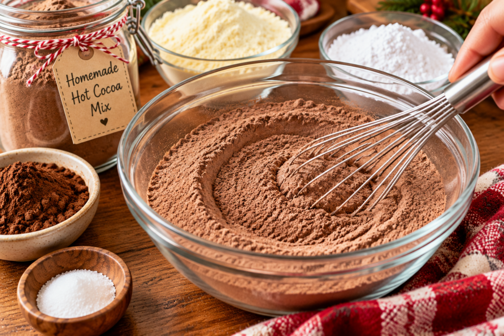 Whisking cocoa powder and dry milk powder together to make homemade hot cocoa mix.