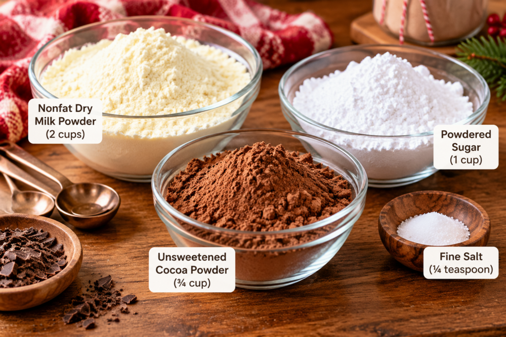 Ingredients for homemade hot cocoa mix, including dry milk powder, powdered sugar, unsweetened cocoa powder, and salt.
