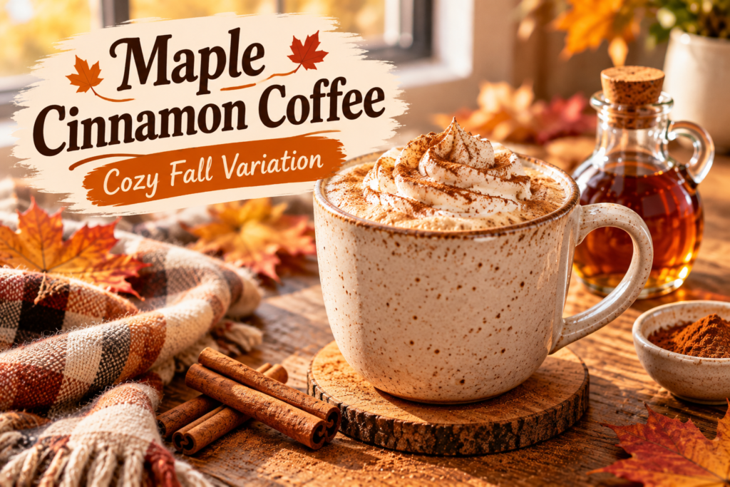 Maple cinnamon coffee topped with a light sprinkle of cinnamon in a ceramic mu