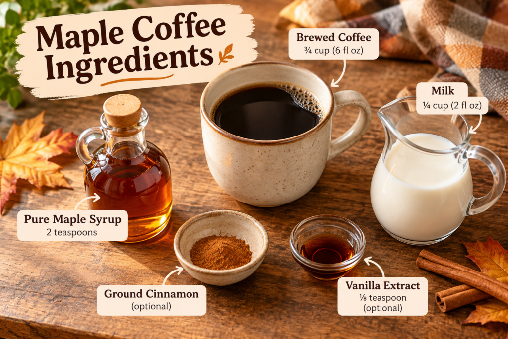 Ingredients for homemade maple coffee including brewed coffee, milk, pure maple syrup, cinnamon, and vanilla.
