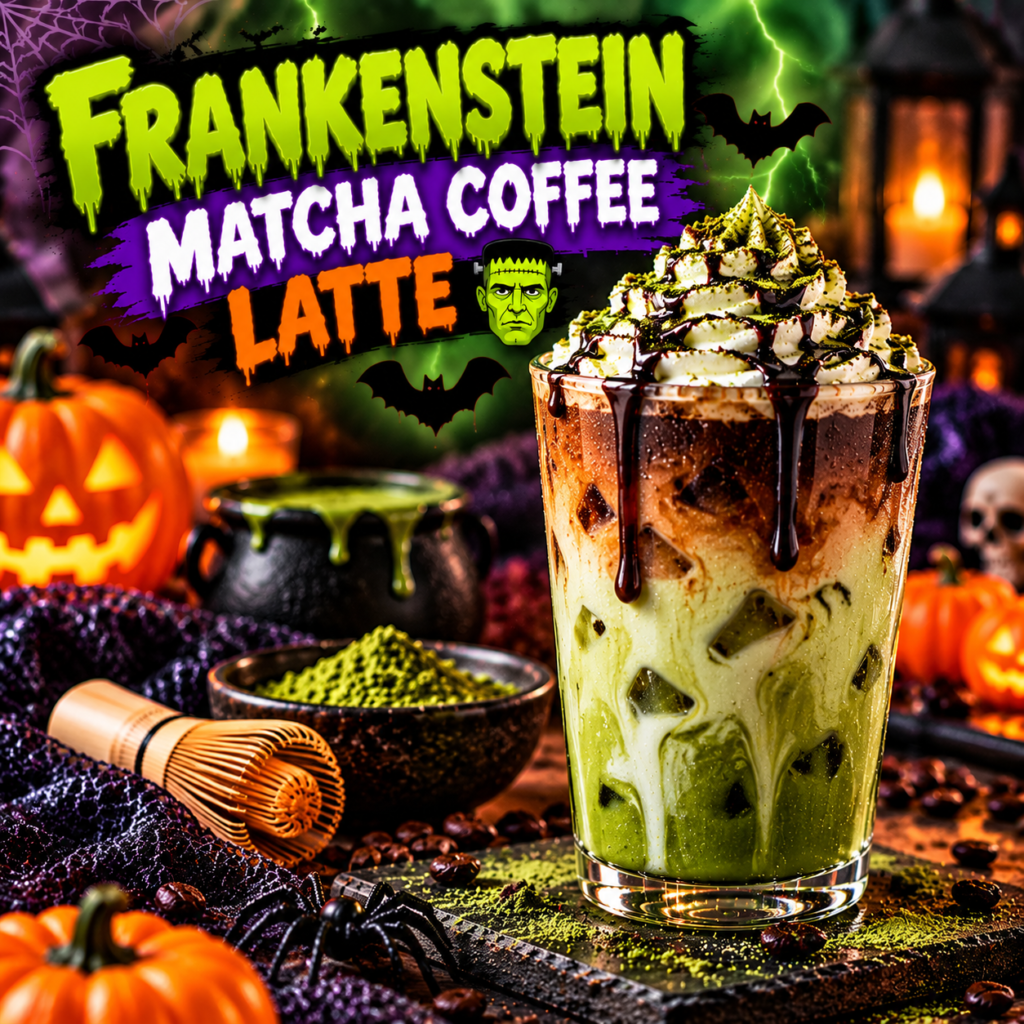 Frankenstein matcha coffee latte with green matcha, iced coffee layers, chocolate drizzle, and Halloween decorations.