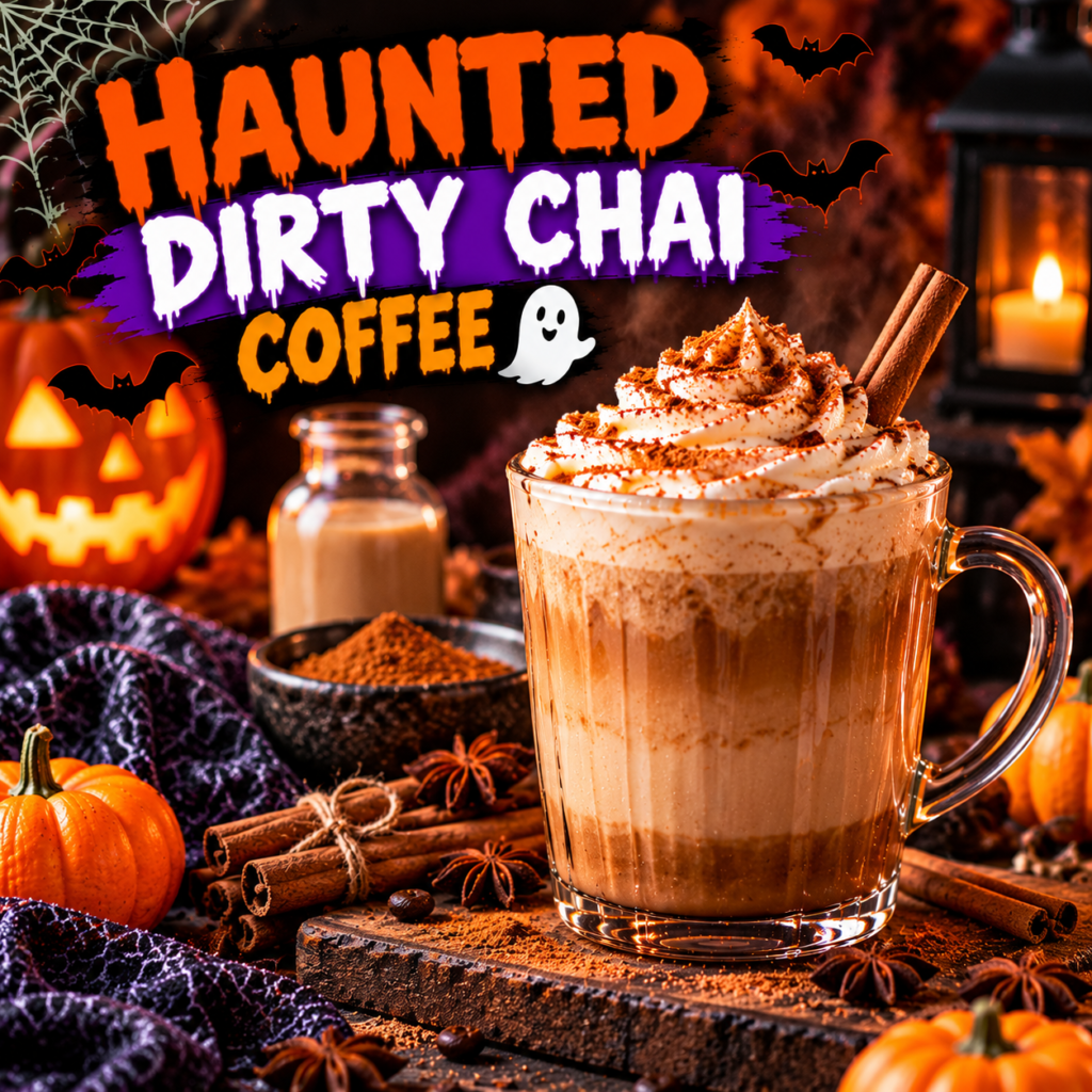 Haunted dirty chai coffee topped with spiced foam and cinnamon, surrounded by pumpkins and Halloween decorations.