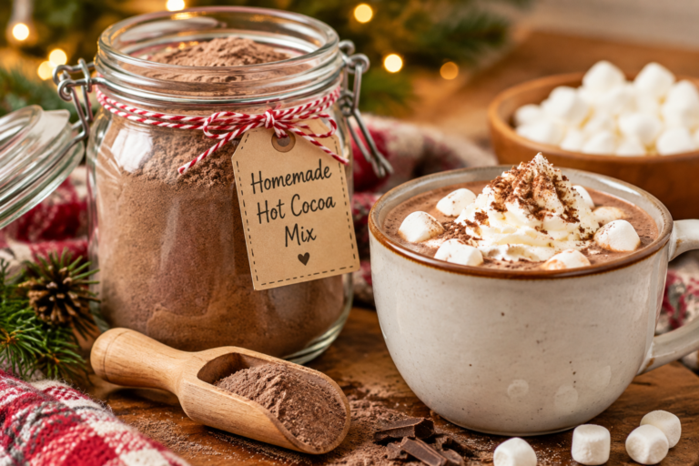 Homemade hot cocoa mix in a mason jar beside a mug of hot chocolate topped with marshmallows.