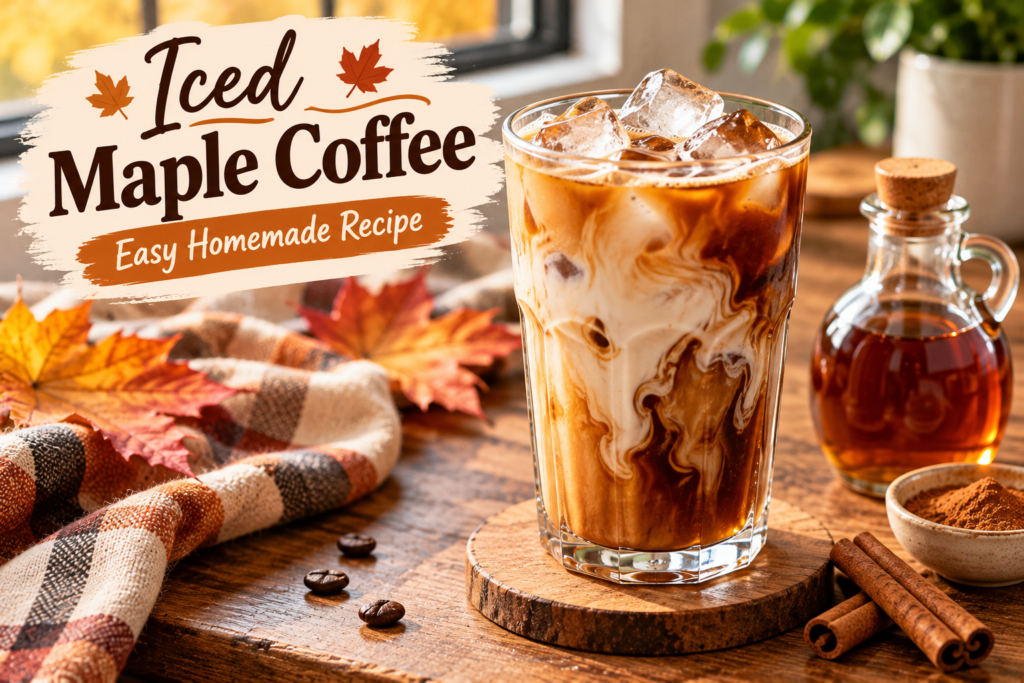 Iced maple syrup coffee with milk and ice cubes in a clear glass