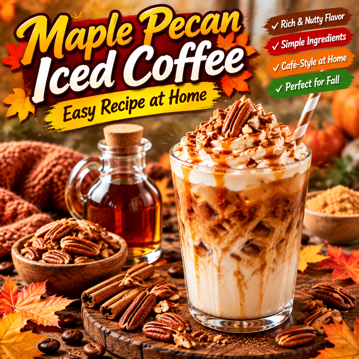 Homemade maple pecan iced coffee topped with whipped cream and pecans.
