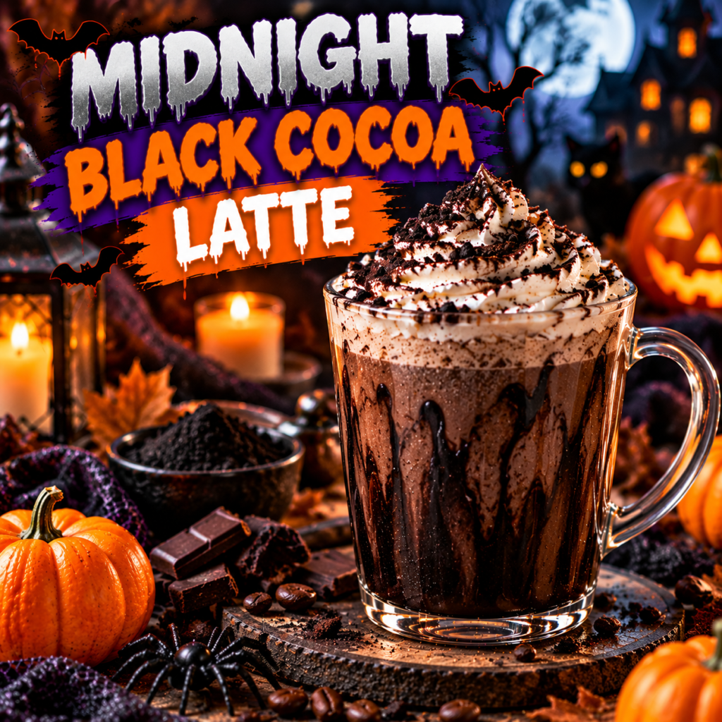 Midnight black cocoa latte topped with whipped cream and chocolate crumbs, surrounded by pumpkins and spooky Halloween decorations.