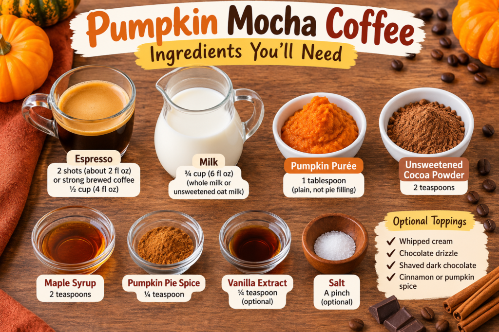 Pumpkin mocha coffee ingredients with espresso, milk, pumpkin purée, cocoa powder, maple syrup, and pumpkin pie spice.