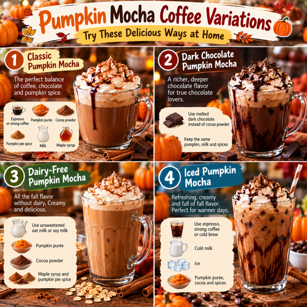 Four pumpkin mocha coffee variations including classic, dark chocolate, dairy-free, and iced pumpkin mocha.