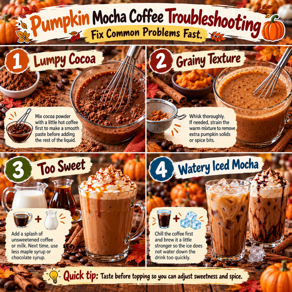 visual solutions for lumpy cocoa, grainy texture, overly sweet coffee, and watery iced mocha.