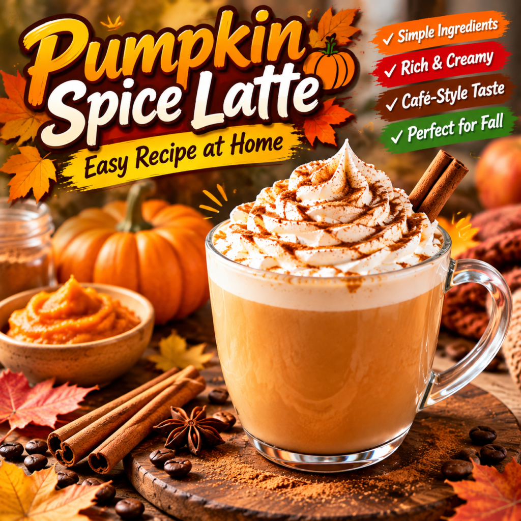 Homemade pumpkin spice latte topped with whipped cream and cinnamon