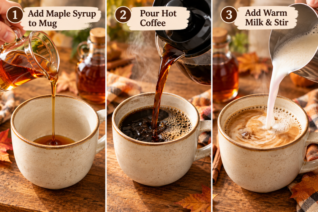 Three preparation steps showing maple syrup, hot brewed coffee, and warm milk combined in a mug.
