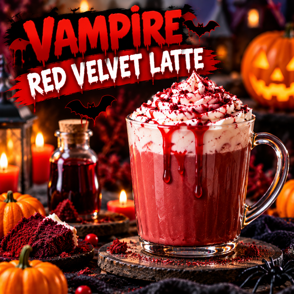 Vampire red velvet latte topped with whipped cream and red syrup, styled with pumpkins and Halloween decorations.
