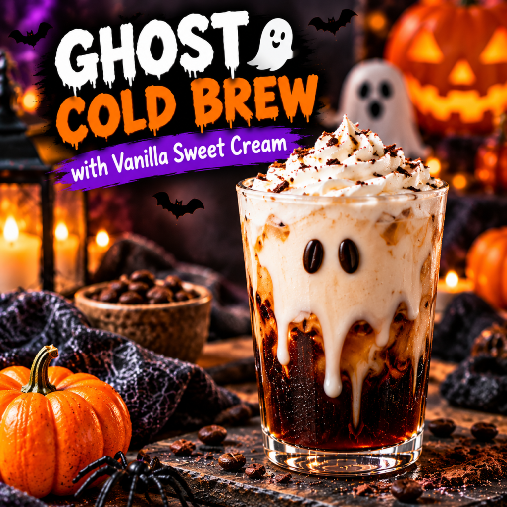 Ghost cold brew coffee topped with vanilla sweet cream, chocolate decorations, and ice for Halloween.