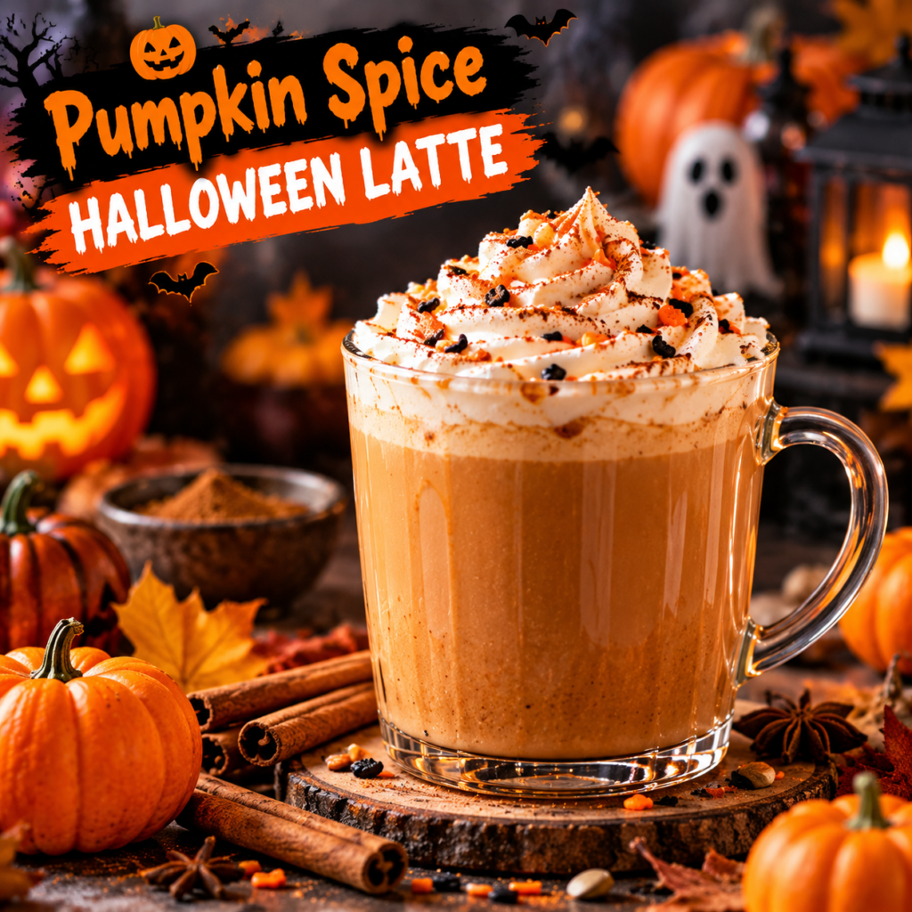 Pumpkin spice Halloween latte topped with whipped cream, cinnamon, and festive sprinkles, surrounded by autumn pumpkins.

