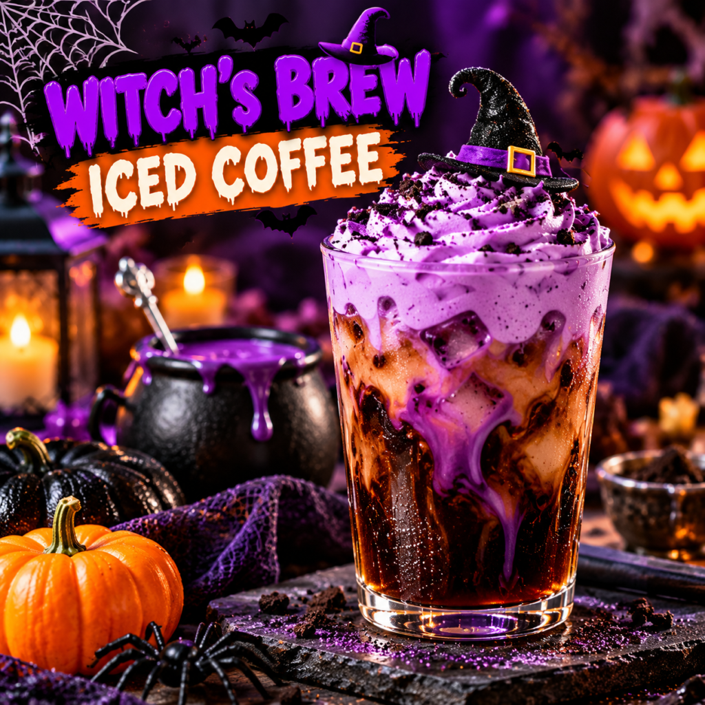 Witch's brew iced coffee with purple cold foam, chocolate drizzle, ice, and Halloween decorations.
